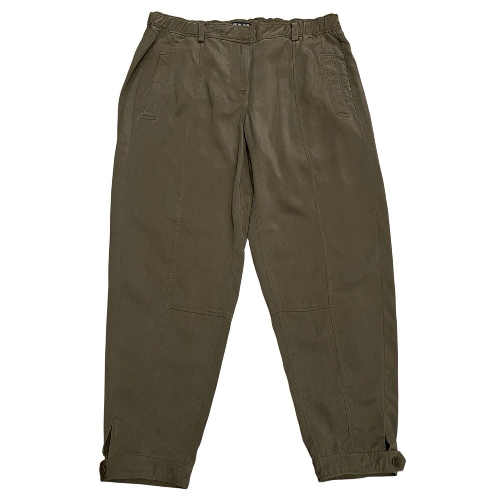 EILEEN FISHER Olive Green Tencel Pants Button Hem Relaxed Cropped Utility Size M